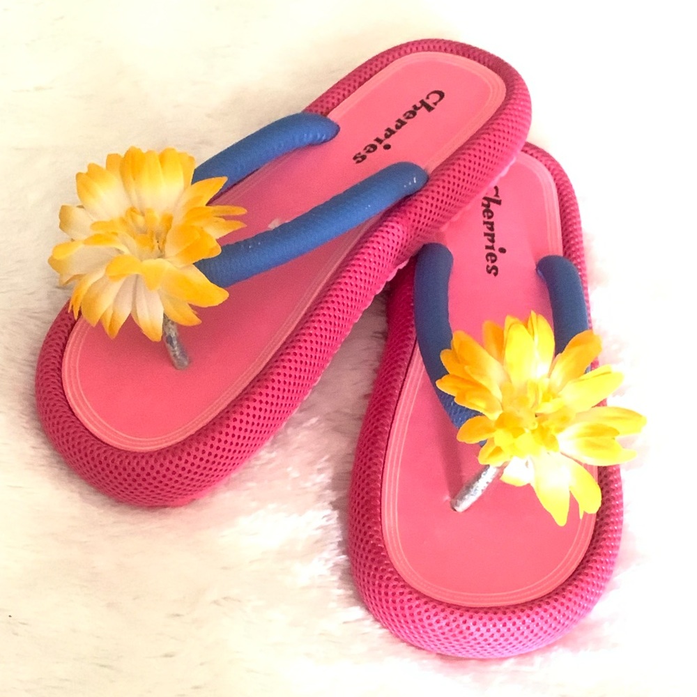 Women’s pink with yellow flowers Cherries platforms sandals